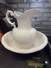 Antique Homer Laughlin Large White/Bone Water Pitcher Jug & Wash Basin/Bowl*