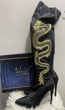 Sergio Todzi Black Stretch Satin Dragon Snake Stiletto Thigh Boots UK 6