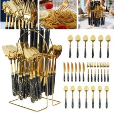24PC-CUTLERY DINNER SET STAINLESS STEEL METAL STAND RACK FORKS TEA SPOONS POLISH