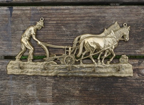 Vintage brass horses plough - plough, &