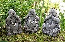 STONE GARDEN SET OF 3 WISE HAPPY BUDDHA ORNAMENTS HEAR NO, SEE NO, SPEAK NO EVIL
