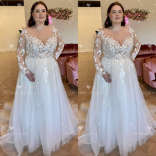V Neck Wedding Dresses Elegant Tulle Long Sleeves Lace A Line Bridal Gowns