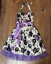 Uk12 Black, Purple & White Floral halter neck dress rockabilly 60s retro vintage