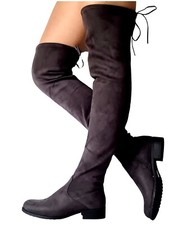 Womens Grey Over The Knee Stretch Thigh High Boots Flat Zip Up Low Heel Shoes