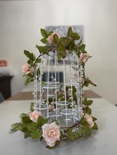 Vintage White Birdcage Large Candle Holder with Beads Pearls & Roses Centrepiece