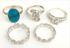 Bundle Of X5 Assorted 925 Sterling Silver Rings Turquoise Floral Clear Stone