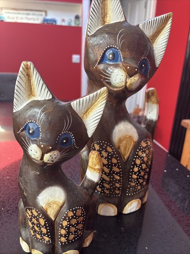 Pair wooden cats ornaments - cats,