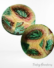 Antique Possibly George Jones & Sons Majolica Pottery Begonia Leaf Pair Plates