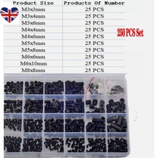 250Pcs M3-M8 Black 12.9 High Tensile Cup Point Grub Screws Hex Socket Screw Set