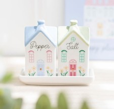 Pastel Houses Salt & Pepper Pots Shakers Set Country Kitchen Home Decor Gifts