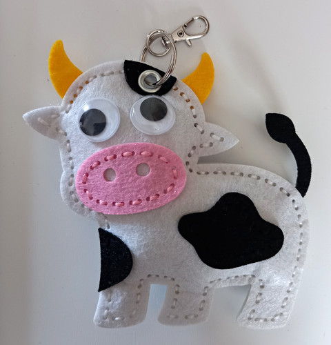 White felt cow animal keyring - felt,
