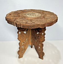 Wooden Table Plant Stand 12" Indian Folding Intricate Handcarved Inlayed Design