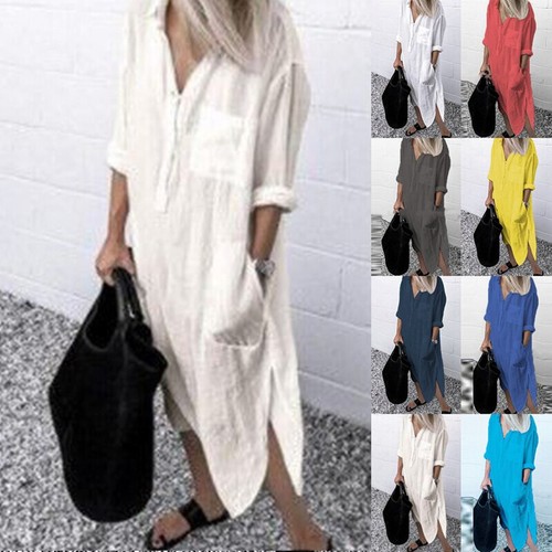 Womens cotton linen maxi shirt - linen,