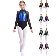 Girls Keyhole Back Glitter Mesh Gymnastics Leotard Long Sleeve Skating Bodysuit