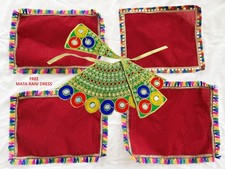 Set of 4 Red Velvet Puja Asan Mandir Temple Chowki Asana  +FREE MATA RANI DRESS