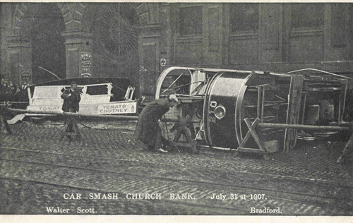 Tram car smash church bank - church,