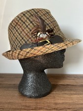 M&S YORKSHIRE TWEED BY MOON WOOL TRILBY HAT BROWN FEATHER LEATHER TRIM SIZE S/M