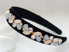 Luxury Black Velvet Headband with Crystal Rhinestones & Opal Gems – Elegant Hair