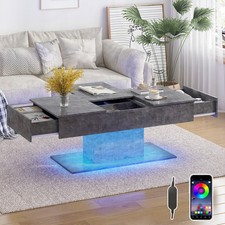 LED Coffee Table w/Hidden Storage&2 Drawers Wooden Living Room Furniture Grey