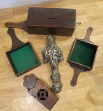 Collection of old Wooden Religious collection boxes/trays, candle box & figure