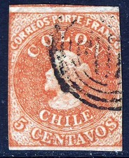 CHILE 1857 5c COLON ESTANCOS PRINTING Chile #9 Scott # 9 SG 18/22  Watermark 1