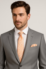 Mens Tie Jacquard Paisley Peach Orange Handkerchief Set Silk Pocket Square Hanky