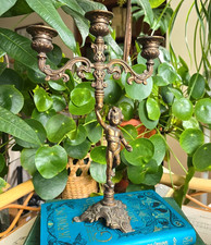 Vintage Candelabra 3 Candle Holders Metal Italy Large Gold Tone Cherub Putti