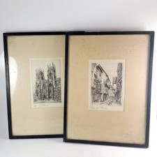 Vintage Etching Edward J Cherry "The Shambles, York" & York Minster, Framed