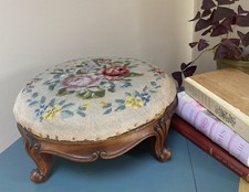 Antique Tapestry Footstool, Hand-Carved Wood, Floral Pattern Country House
