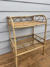 70s Bamboo Cane Shelving Unit Two Tier Boho Side Table Freestanding Plant Stand