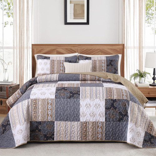 Grey patchwork quilt set - grey,