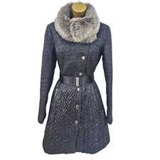 Vintage Karen Millen 10 UK Black Quilted Puff Coat Jacket Parka Faux Fur Collar