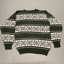 Vintage Jumper Mens Large Green Fairisle Nordic Geometric Pullover Tight Knit