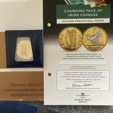 Golden Irish Predecimal Penny 1952 with certificate and presentation wallet