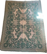 Vintage Woven Tapestry Rug Wall Hanging Green White Floral Cottagecore Folk