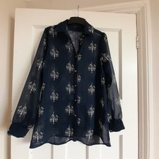 Sugarhill Boutique Sheer Shirt. Navy Bird, Chandelier Design. Lace Insert Size 8