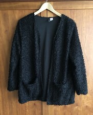 H&M Divided Open Front Cardigan/Jacket Black Fuzzy 3/4-Sleeve Faux Shearling/Fur