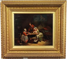 ANTIQUE ORIGINAL OIL ON PANEL FIGURES PLAYING CARDS IN INTERIOR GENRA ART FRAMED