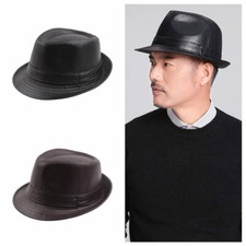 Winter Vintage Retro Faux PU Leather Pork Pie Formal Hat Classic Unisex Jazz Cap