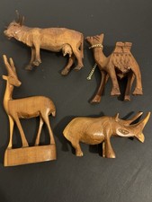 Vintage Joblot X4 Wooden Carved Animals Camel Rhino Cow Bull Ox Etc