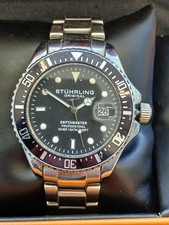 Stuhrling Original Men's Depthmaster Watch Quartz Stainless Steel Black Dial New