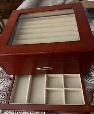 PreZerve Cherry Wood Glass Top 1 Drawer Jewelry Box 3 Tiers 4.5"H 8.5"W 7.5"D