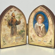 VINTAGE ITALIAN RELIGIOUS SMALL FOLDING  WOODEN PLAQUE WITH PRINTED IMAGES