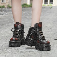 Women's Retro Punk Rock Goth Emo Vamp Flame Patina Eyelit Chunky Platform Shoes