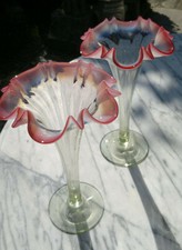 c1890 Art Nouveau Vaseline Art Cranberry Glass Epergne Trumpet Vases 9.25" Tall
