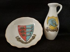Goss Crested China - SEAFORD Crests - Lancaster Jug/Crinkle edge Dish - Goss .