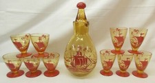 Crackle Glass Ship Decanter & Drinking Glasses with Red Ships on 
