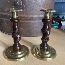 Art Deco Candle Holders Pair Wooden Barley Twist With  Brass  Base And Tops