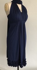 SIZE 12 M&S MULTIWAY MULTIPLE STYLES DRESS SILKY JERSEY NAVY STRETCH PETAL TRIM