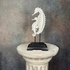 Pair of Ivory Seahorse Ornament on Black Stand Coastal Decor Polyresin Seahorses
